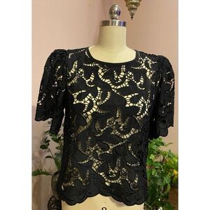 Express Embroidered Crochet Puff Sleeve Top